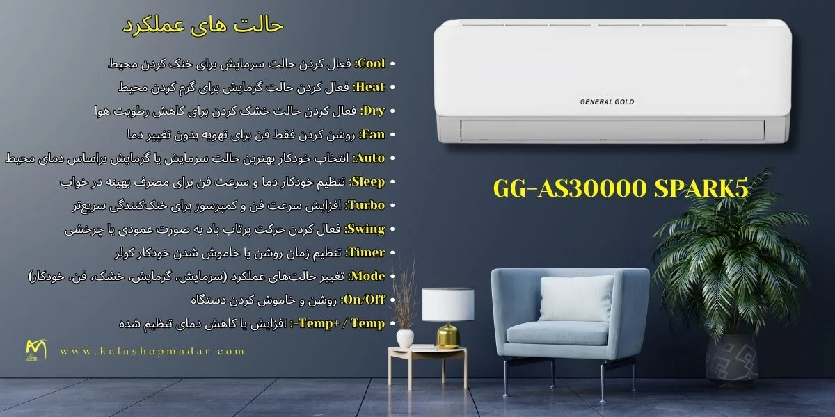 مشخصات کولر گازی 30000 جنرال گلد اینورتر GG-AS30000 SPARK5