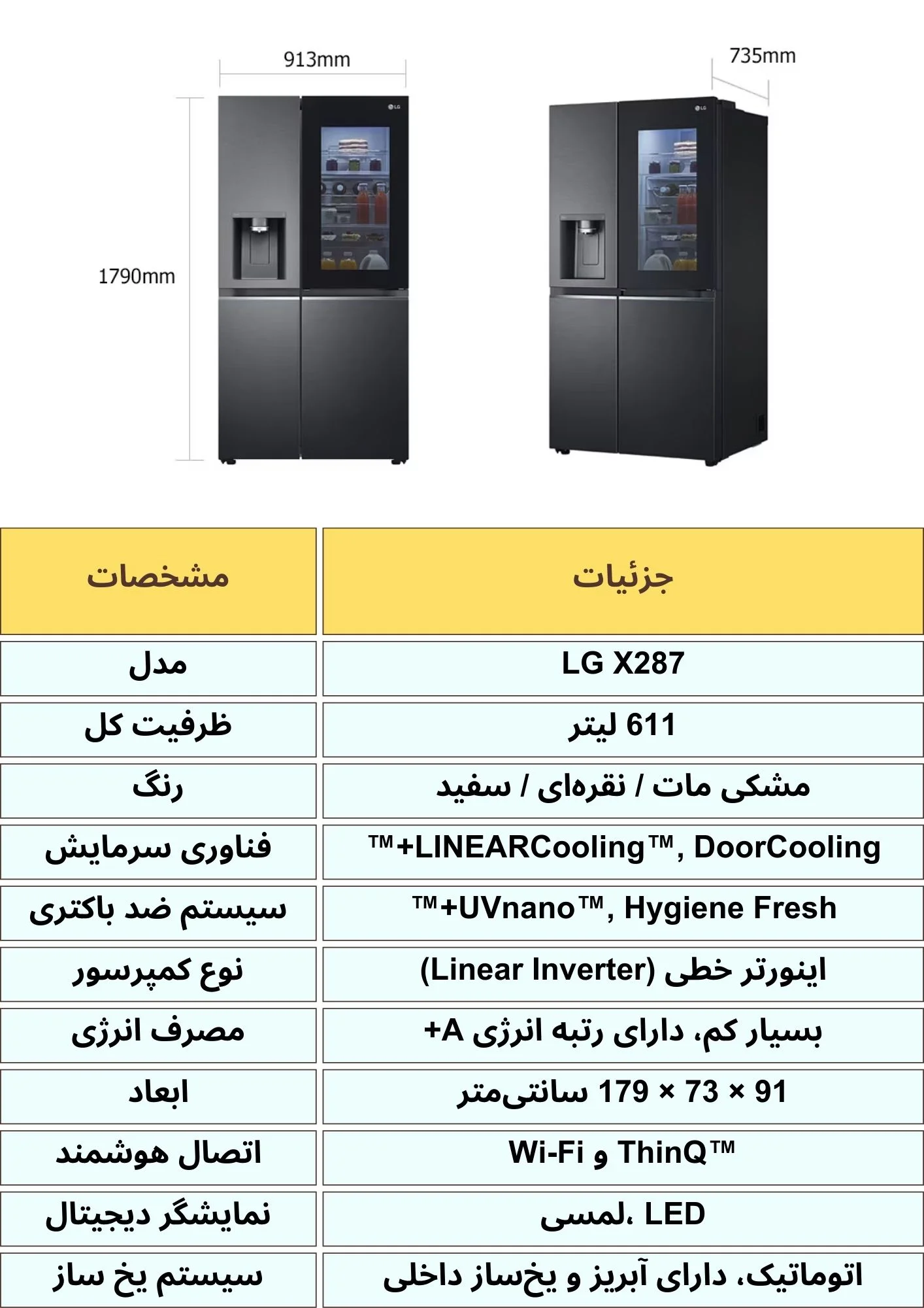 مشخصات فنی یخچال ساید بای ساید ال جی مدل X287